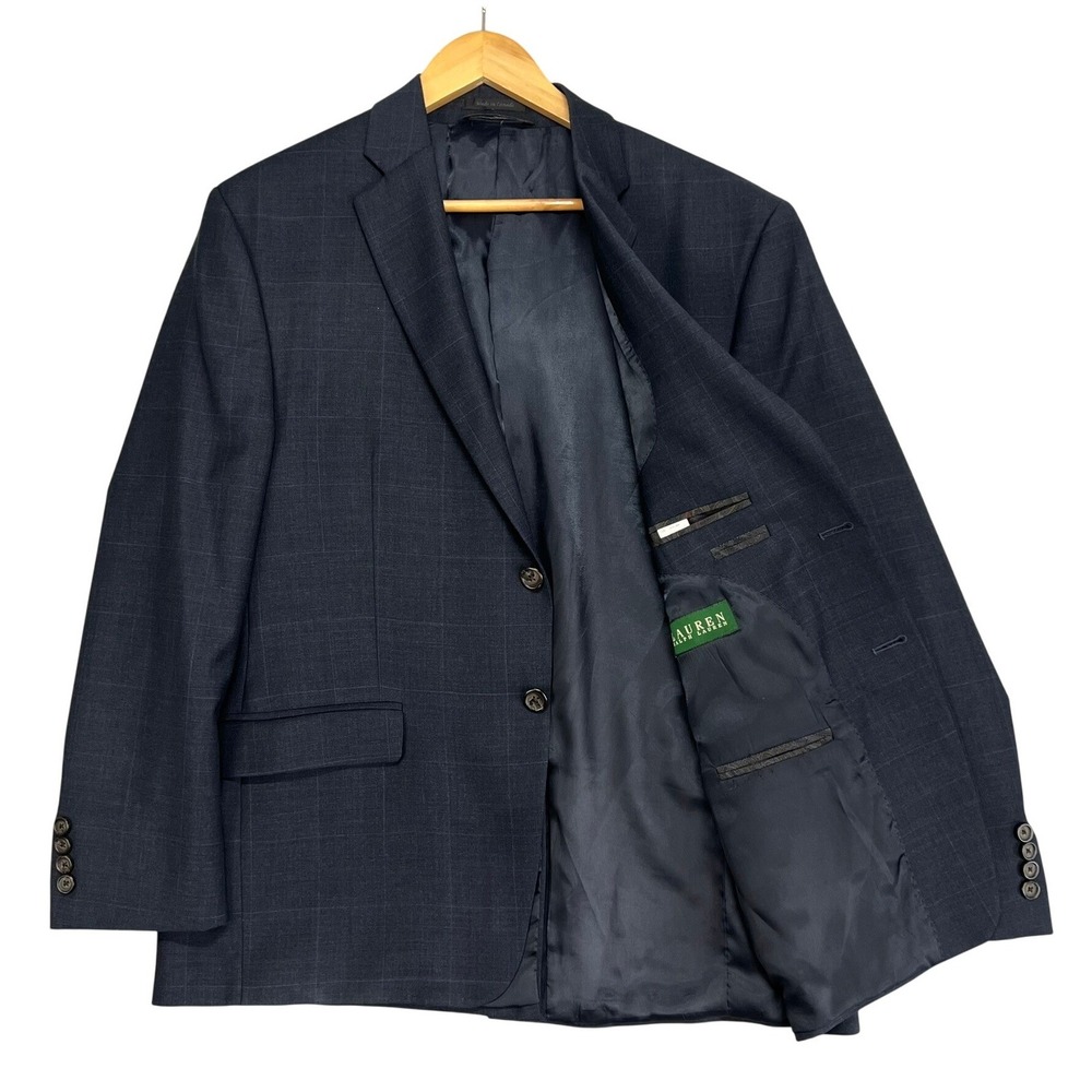 Lauren Ralph Lauren Mens 44S Navy Blue Wool Windowpane Plaid Blazer Jacket EUC‎